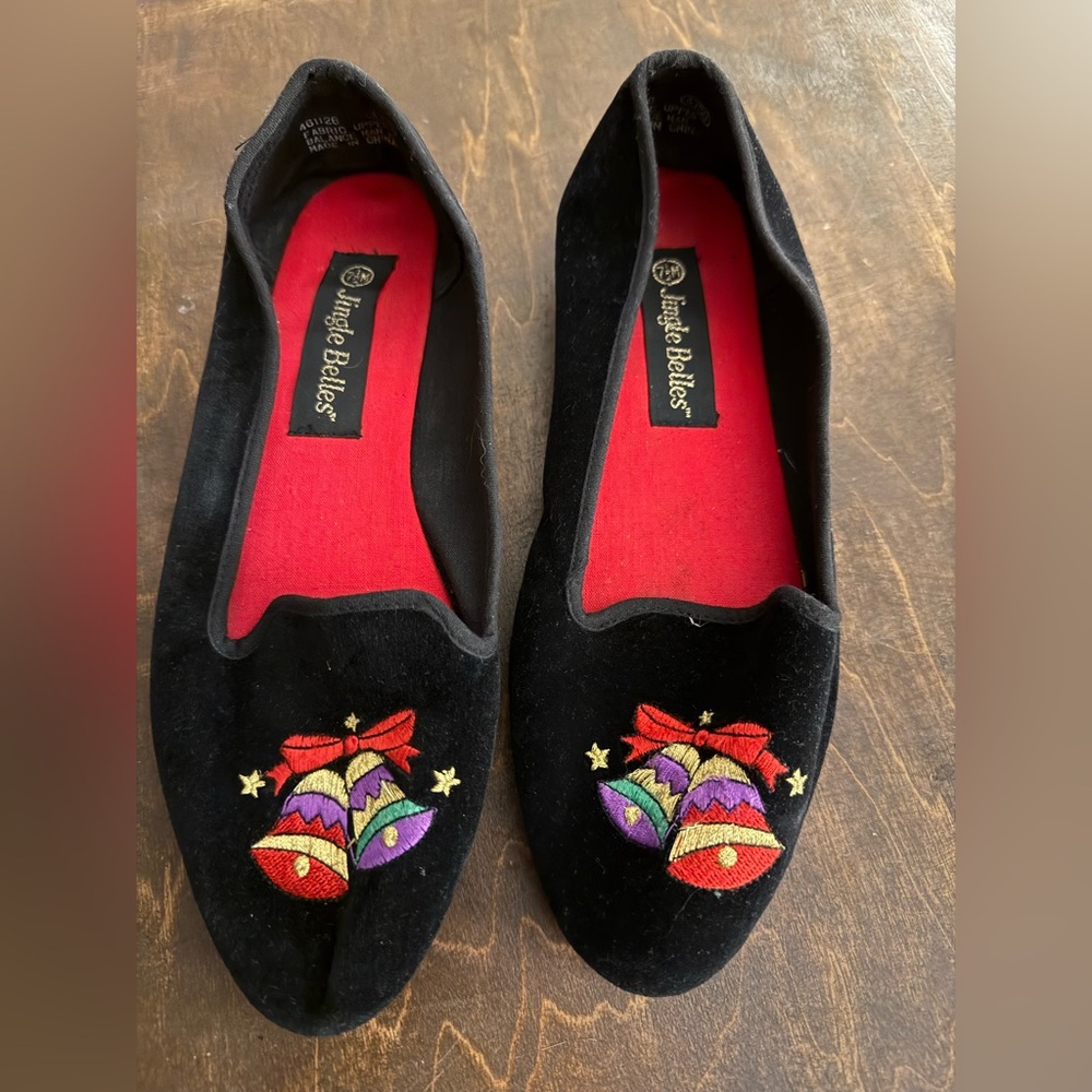 Vintage 90s Jingle Bells Christmas Holiday Black Velvet Shoes Flats 7.5